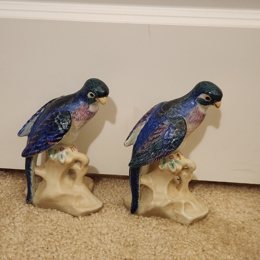 Set Of 2 Blue Bird Figurines Hand Painted 6"